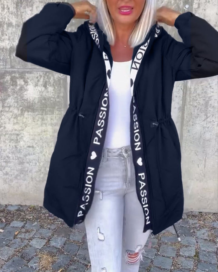 Damen Kapuzenmantel Lässiger Women Coat mit Tunnelzug Mittellang