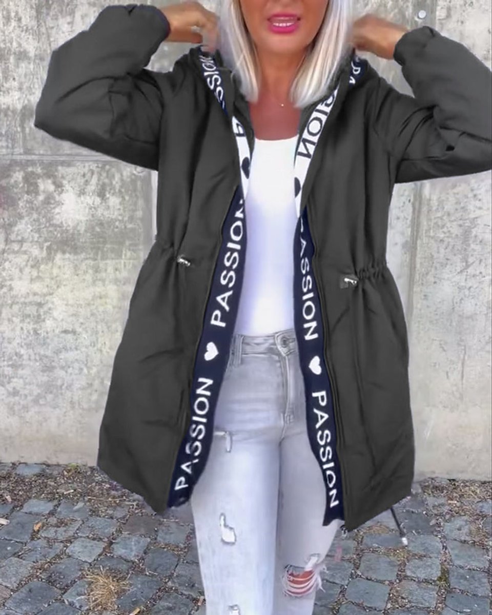 Damen Kapuzenmantel Lässiger Women Coat mit Tunnelzug Mittellang