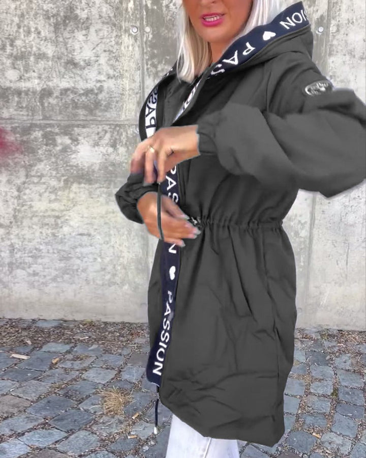 Damen Kapuzenmantel Lässiger Women Coat mit Tunnelzug Mittellang