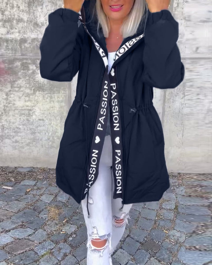 Damen Kapuzenmantel Lässiger Women Coat mit Tunnelzug Mittellang - Marineblau