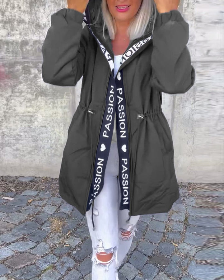 Damen Kapuzenmantel Lässiger Women Coat mit Tunnelzug Mittellang - Grau