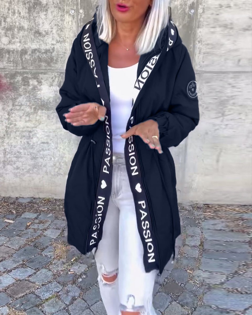 Damen Kapuzenmantel Lässiger Women Coat mit Tunnelzug Mittellang