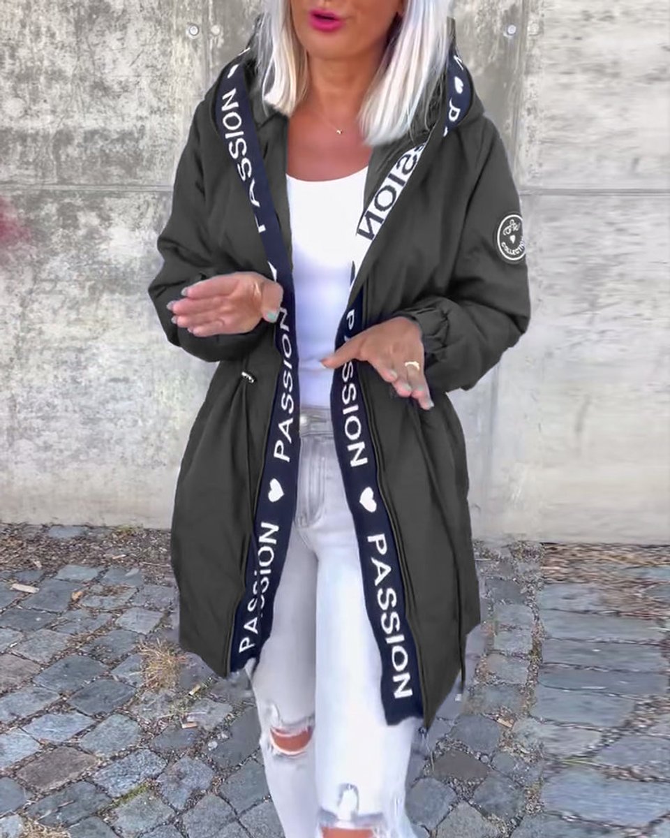 Damen Kapuzenmantel Lässiger Women Coat mit Tunnelzug Mittellang