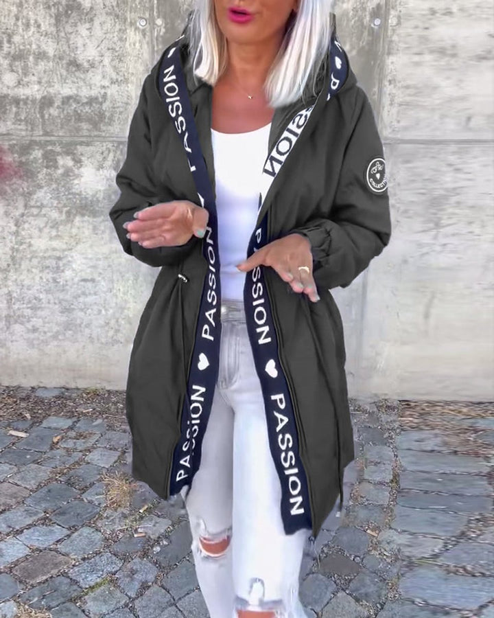 Damen Kapuzenmantel Lässiger Women Coat mit Tunnelzug Mittellang