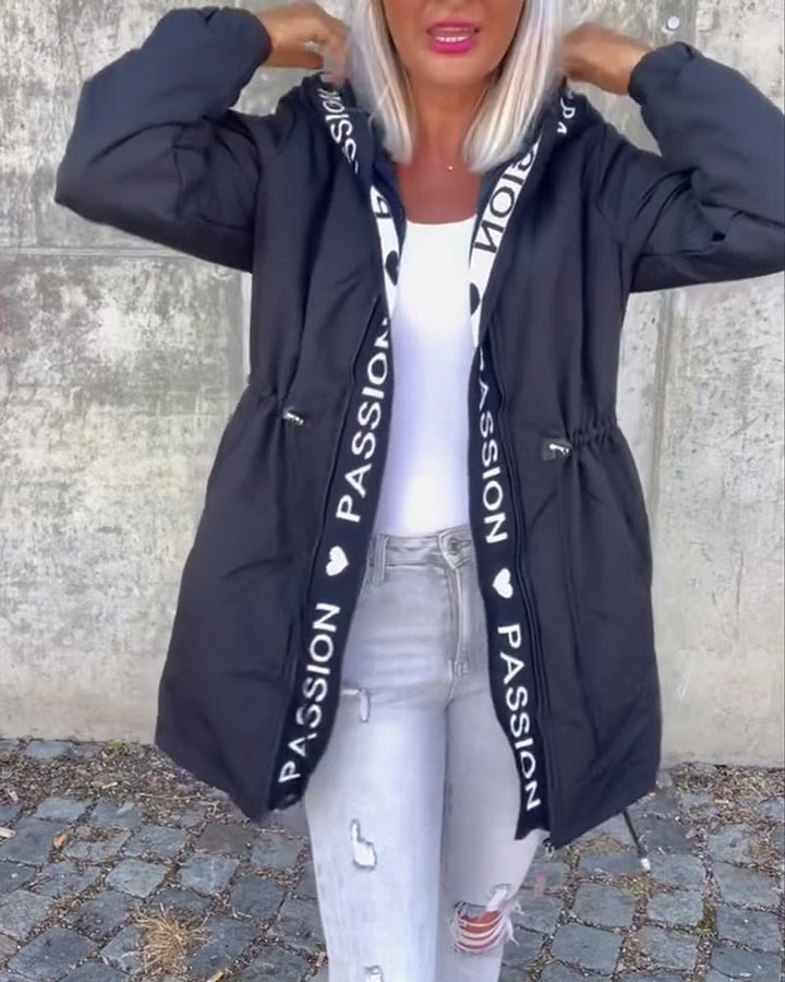 Damen Kapuzenmantel Lässiger Women Coat mit Tunnelzug Mittellang