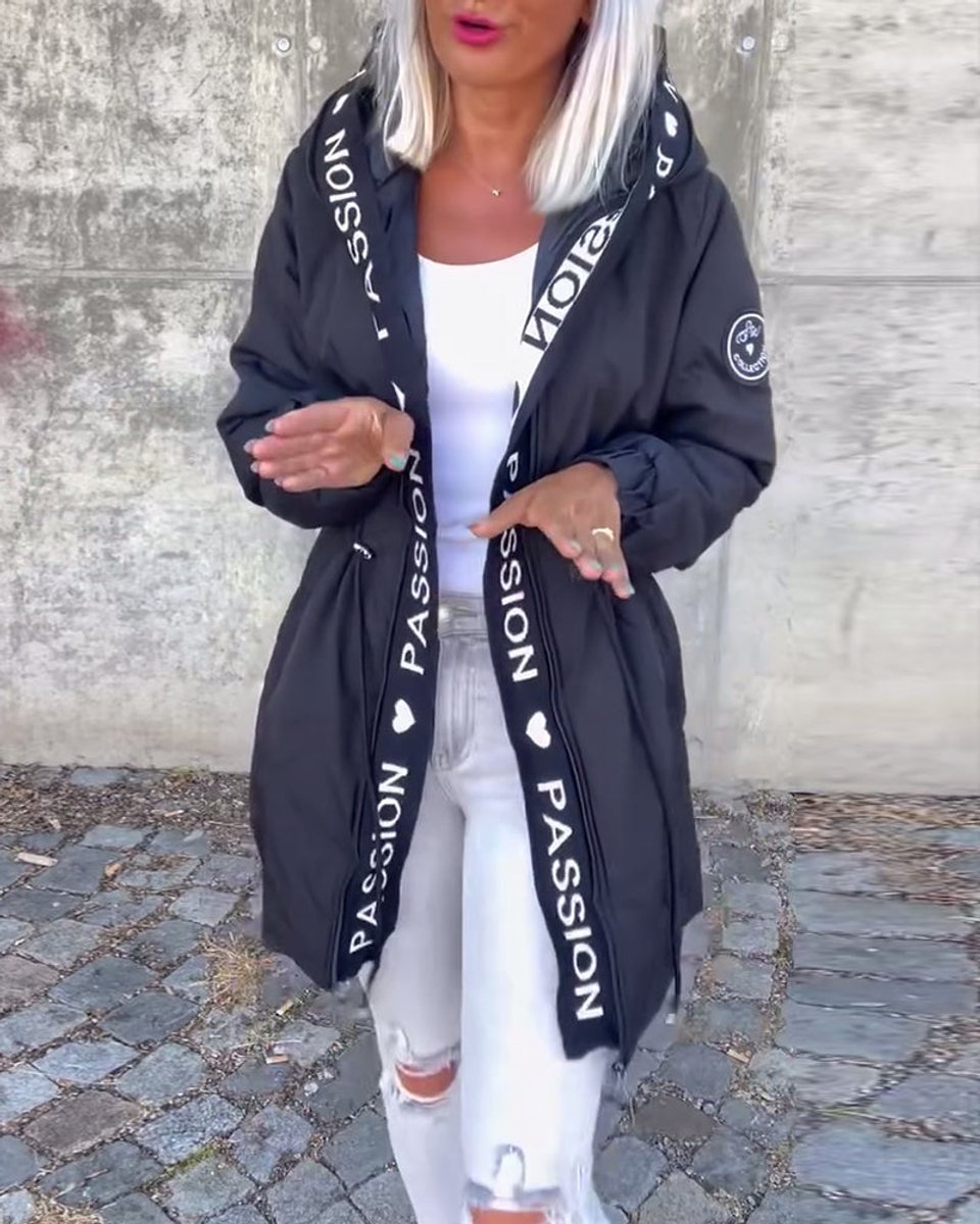 Damen Kapuzenmantel Lässiger Women Coat mit Tunnelzug Mittellang