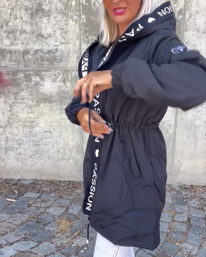 Damen Kapuzenmantel Lässiger Women Coat mit Tunnelzug Mittellang