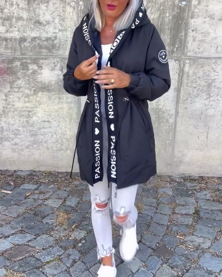 Damen Kapuzenmantel Lässiger Women Coat mit Tunnelzug Mittellang