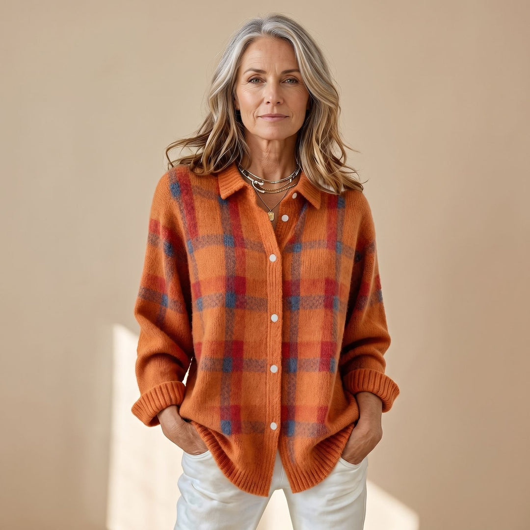 Damen Karierte Hemdjacke Oversized Strick-Cardigan - Orange