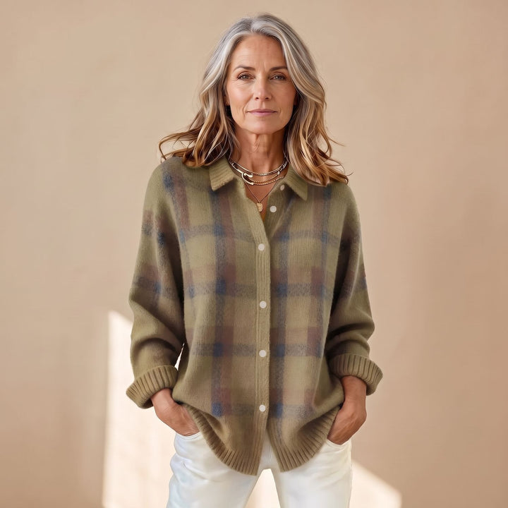 Damen Karierte Hemdjacke Oversized Strick-Cardigan - Grün