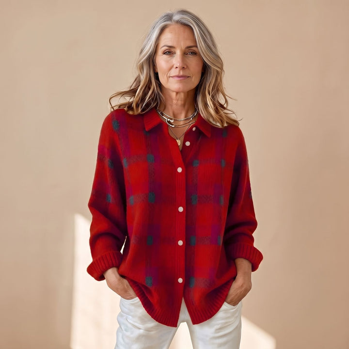 Damen Karierte Hemdjacke Oversized Strick-Cardigan - Rot
