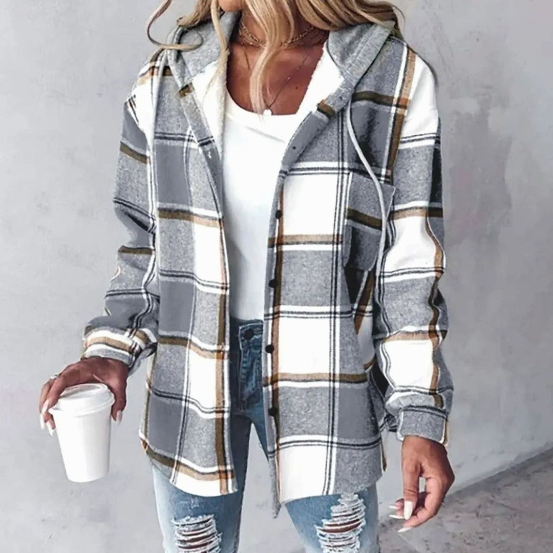 Damen Karierte Hoodie-Jacke mit Kapuze Langarm Shacket - Grau