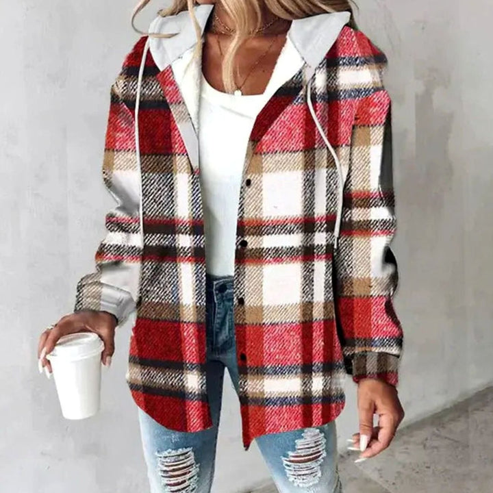 Damen Karierte Hoodie-Jacke mit Kapuze Langarm Shacket - Rot