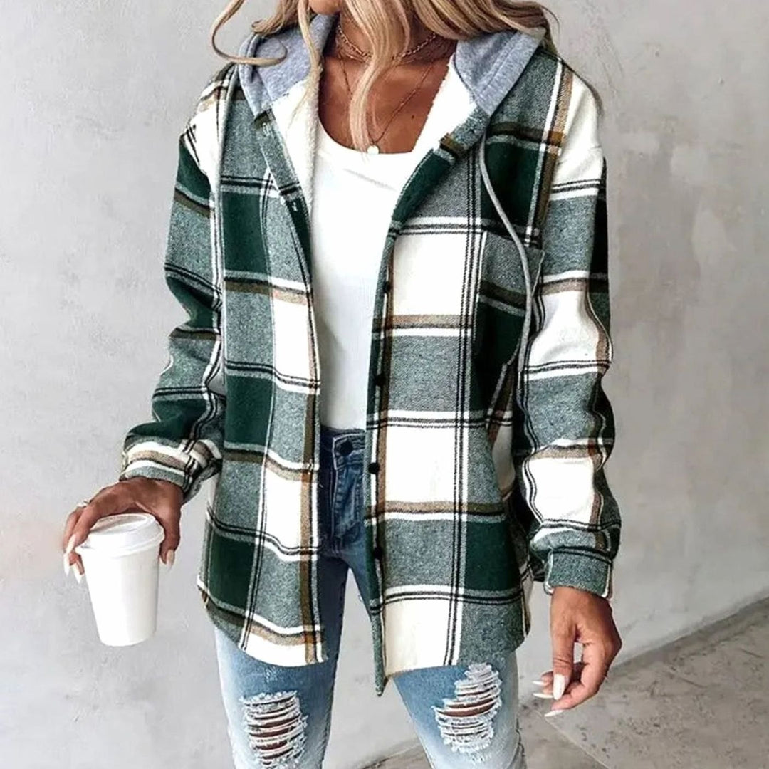 Damen Karierte Hoodie-Jacke mit Kapuze Langarm Shacket - Grün