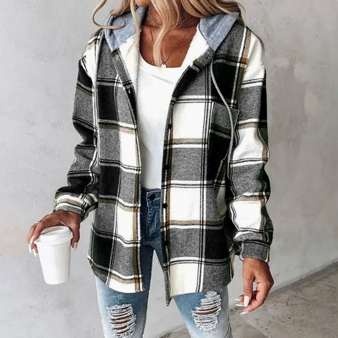 Damen Karierte Hoodie-Jacke mit Kapuze Langarm Shacket - Schwarz