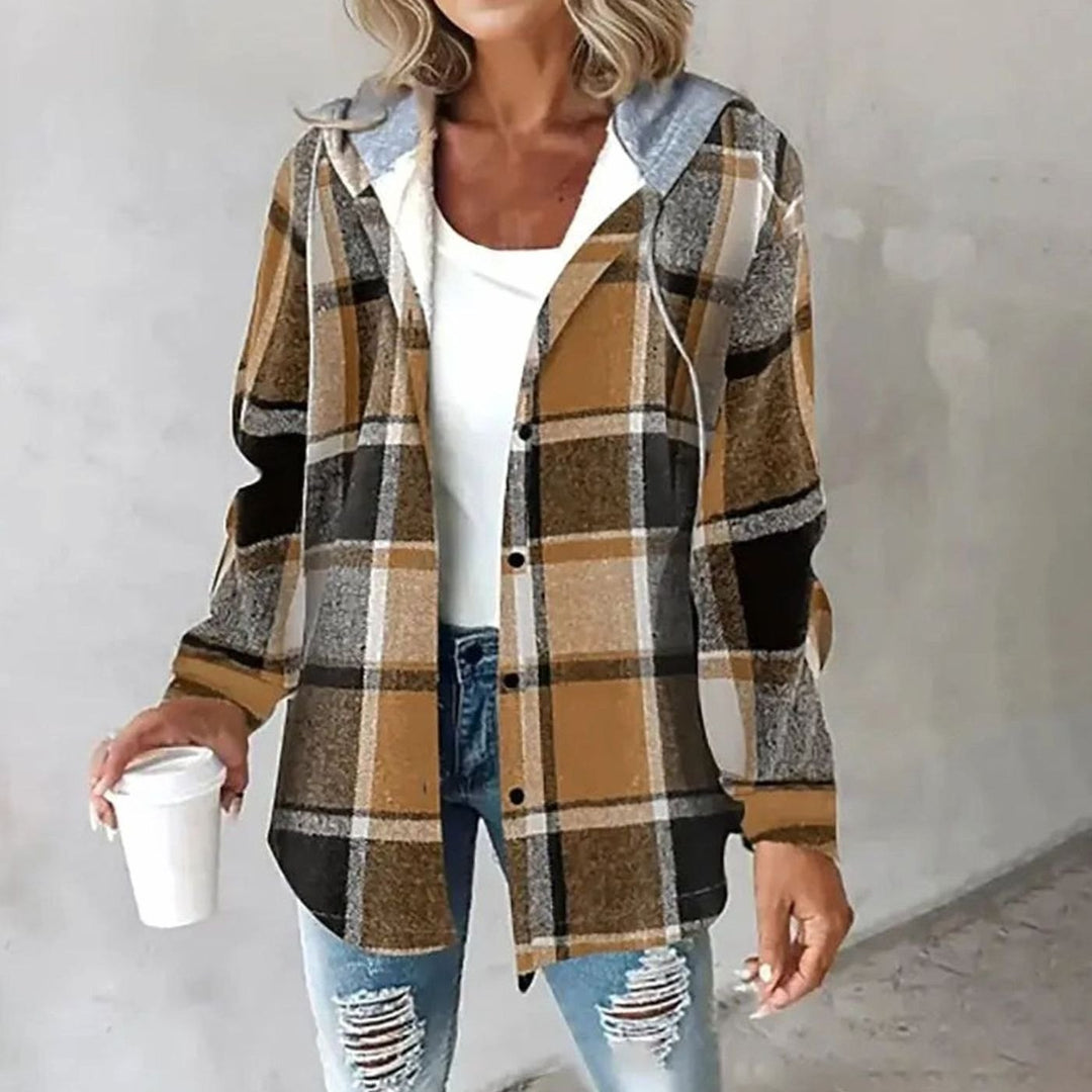 Damen Karierte Hoodie-Jacke mit Kapuze Langarm Shacket - Braun