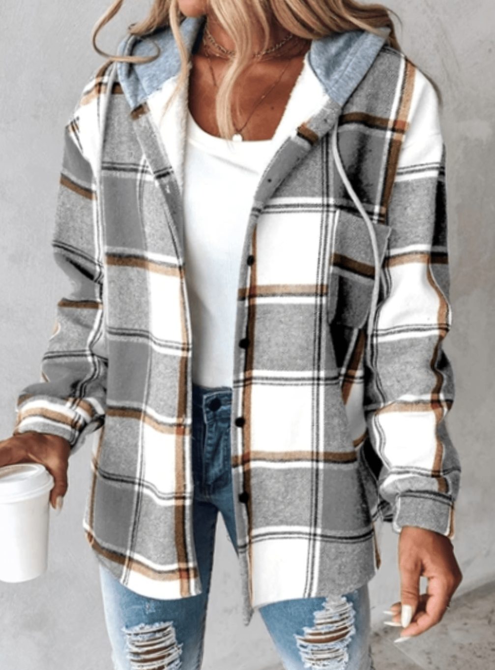 Damen Karierte Hoodie-Jacke Shacket mit Kapuze Relaxed Fit