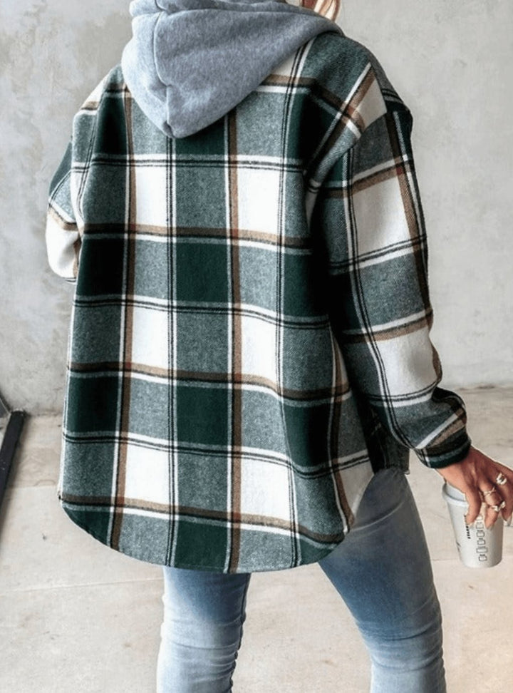 Damen Karierte Hoodie-Jacke Shacket mit Kapuze Relaxed Fit