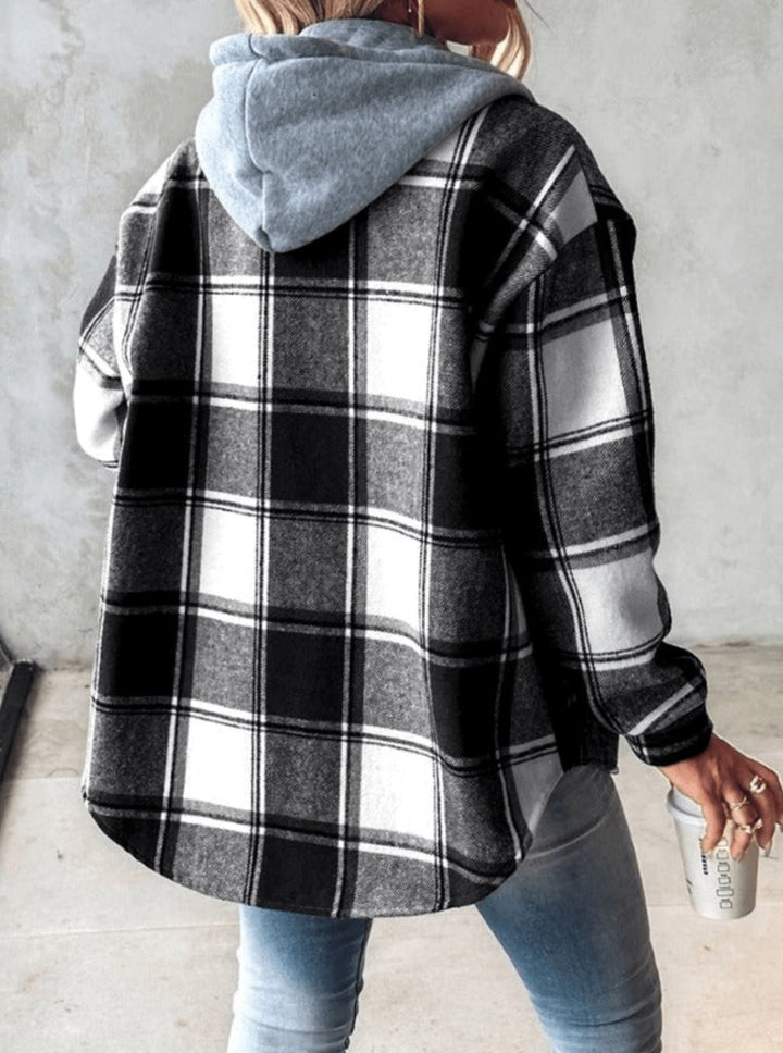 Damen Karierte Hoodie-Jacke Shacket mit Kapuze Relaxed Fit - Schwarz