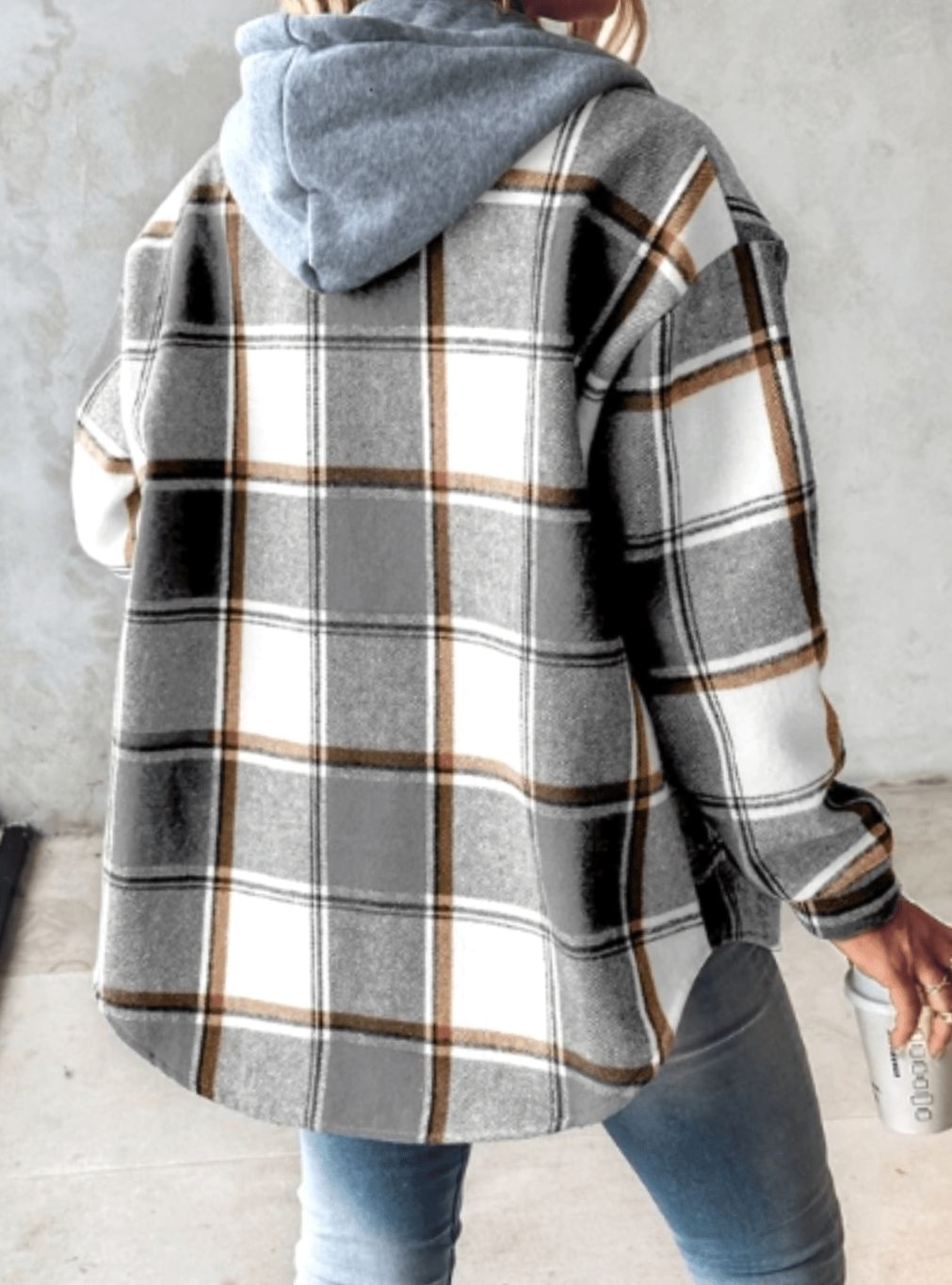Damen Karierte Hoodie-Jacke Shacket mit Kapuze Relaxed Fit - Grau