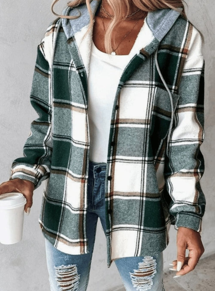 Damen Karierte Hoodie-Jacke Shacket mit Kapuze Relaxed Fit