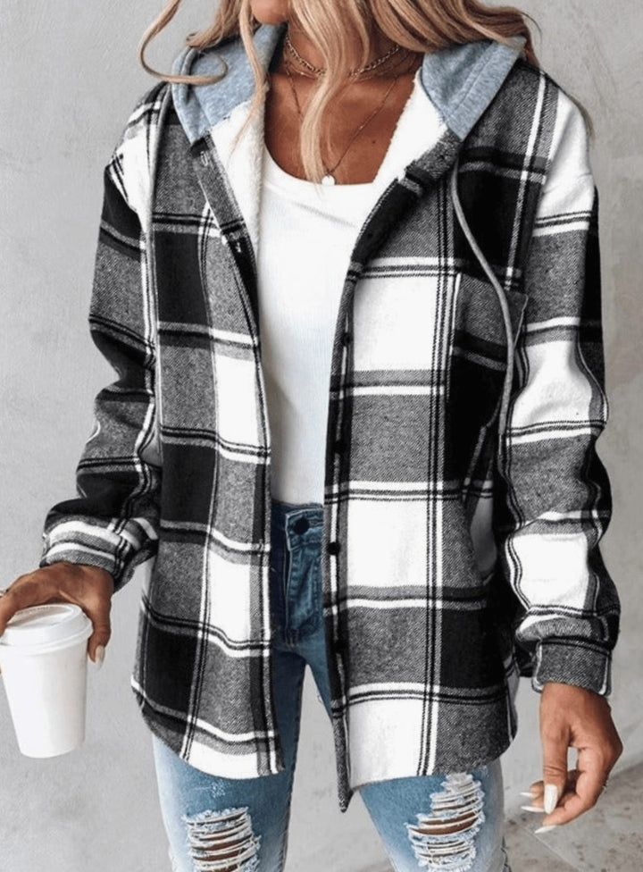 Damen Karierte Hoodie-Jacke Shacket mit Kapuze Relaxed Fit