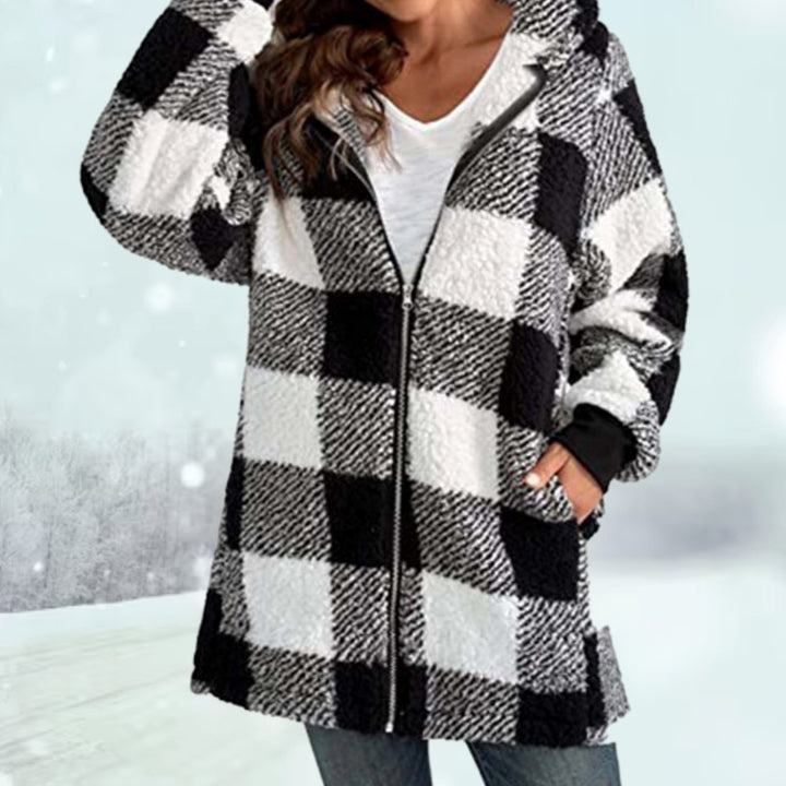 Damen Karierter Fleece-Hoodie-Mantel mit Reißverschluss - Schwarz
