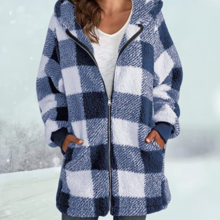 Damen Karierter Fleece-Hoodie-Mantel mit Reißverschluss - Blau