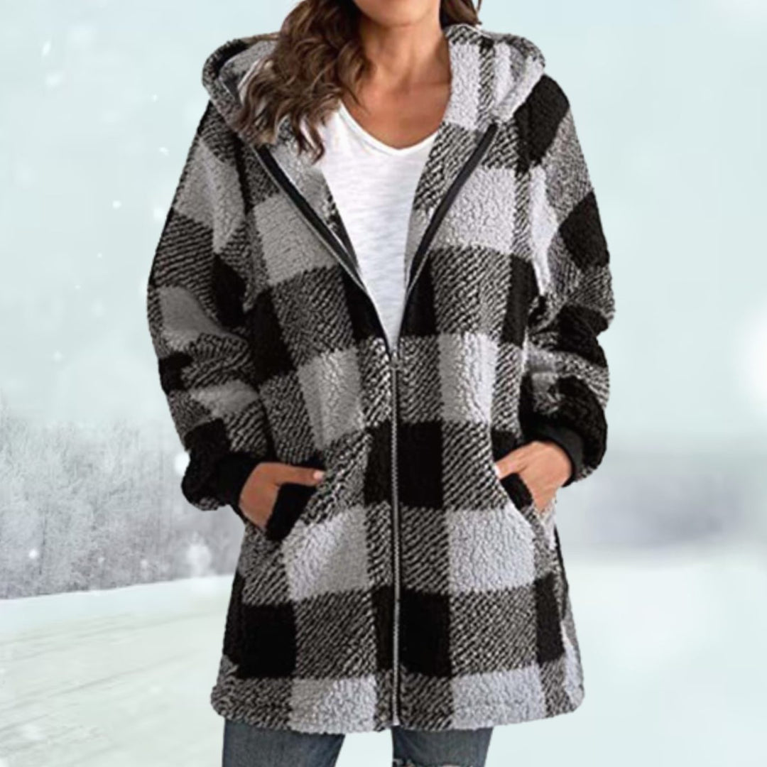 Damen Karierter Fleece-Hoodie-Mantel mit Reißverschluss - Grau