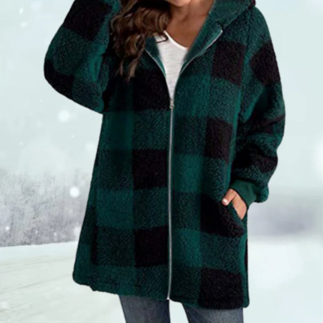 Damen Karierter Fleece-Hoodie-Mantel mit Reißverschluss - Grün
