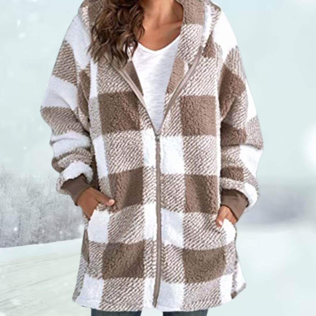 Damen Karierter Fleece-Hoodie-Mantel mit Reißverschluss - Khaki