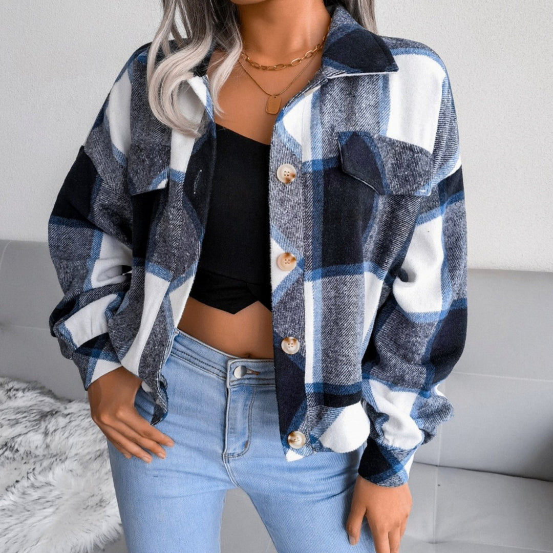 Damen Karierter Strickpullover Oversize Flanell Shacket Langarm