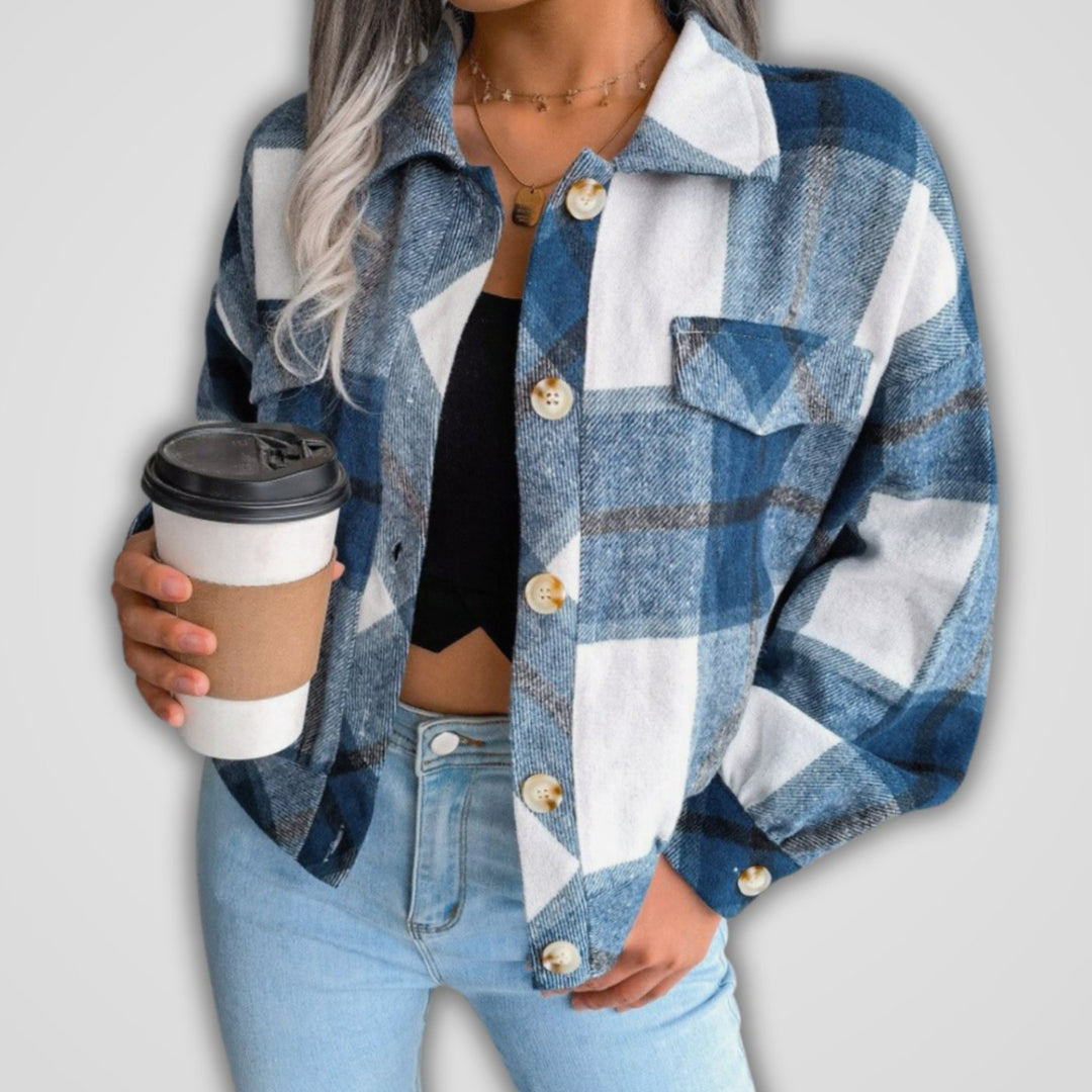 Damen Karierter Strickpullover Oversize Flanell Shacket Langarm - Blau