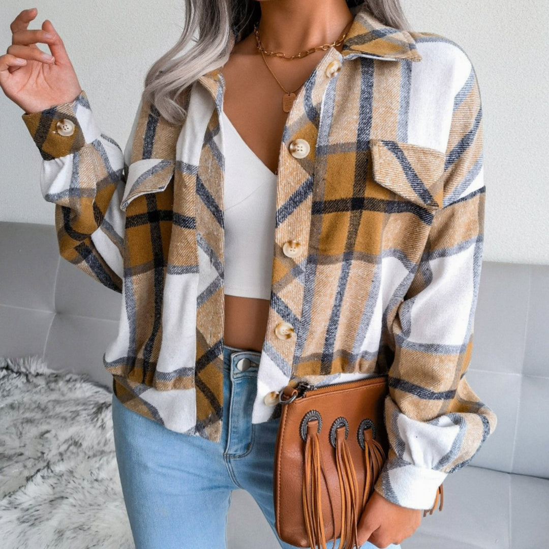 Damen Karierter Strickpullover Oversize Flanell Shacket Langarm - Khaki