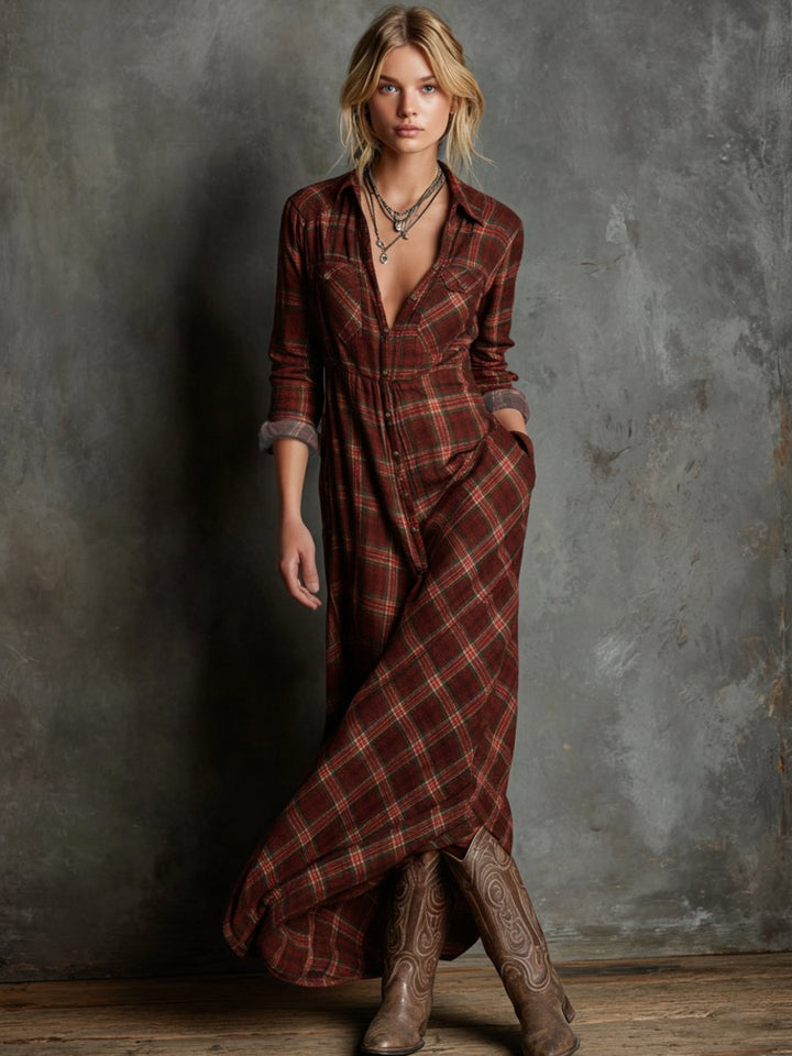 Damen Kariertes Flanell Maxi-Hemdblusenkleid Formal Dresses - Rot