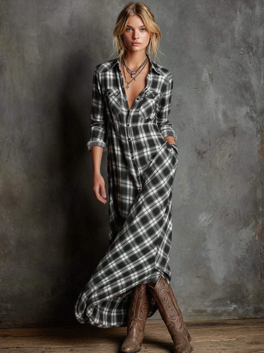Damen Kariertes Flanell Maxi-Hemdblusenkleid Formal Dresses - Schwarz