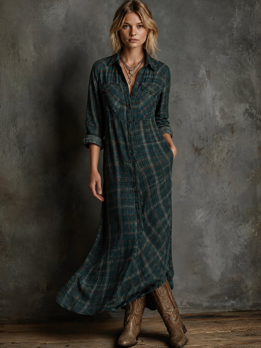 Damen Kariertes Flanell Maxi-Hemdblusenkleid Formal Dresses - Grün