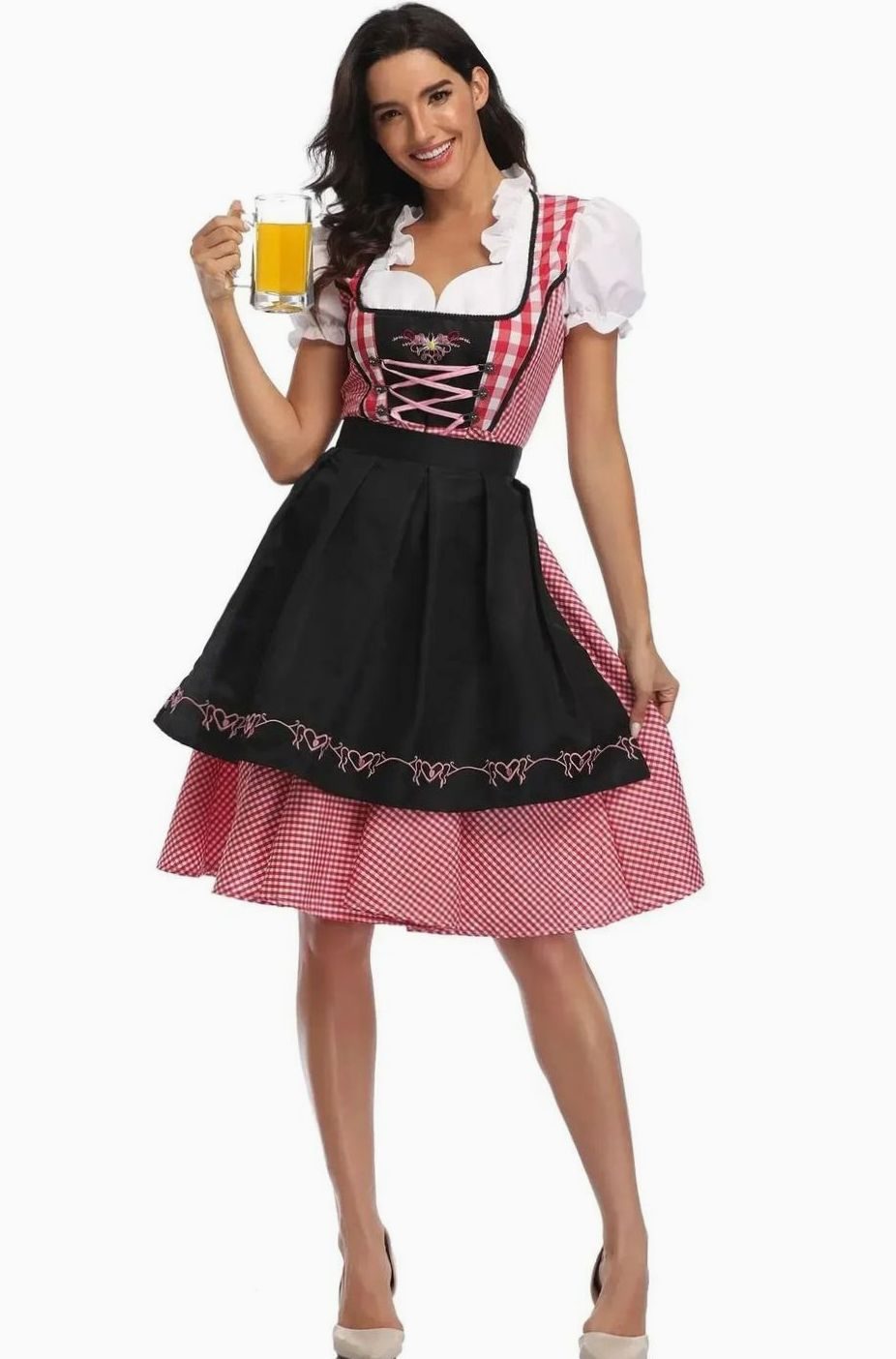Damen Kariertes Trachtenkleid Dirndl mit Schürze und Bluse - Kariert Rot-Schwarz
