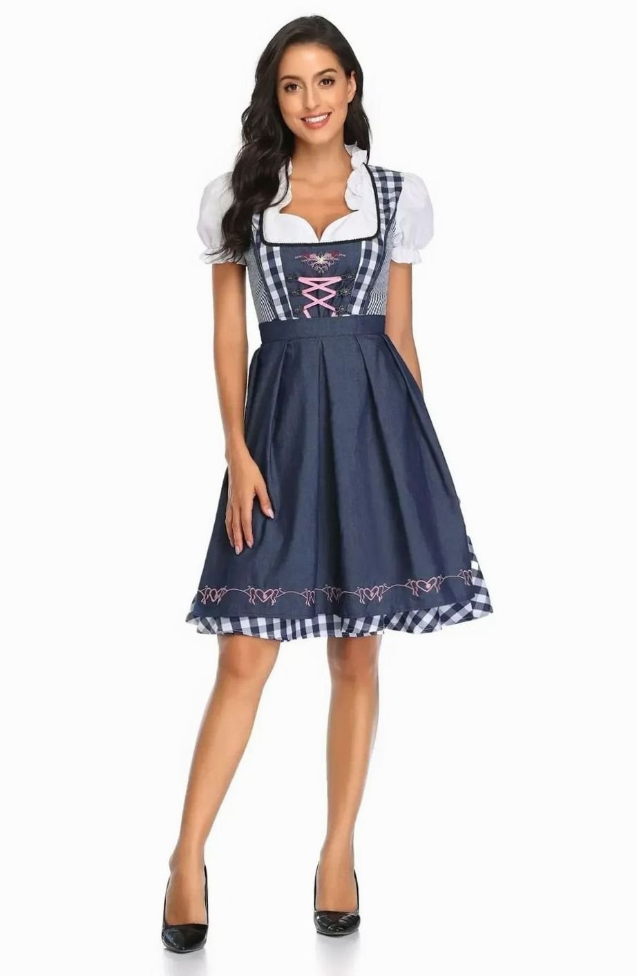 Damen Kariertes Trachtenkleid Dirndl mit Schürze und Bluse - Kariert Schwarz-Dunkelblau