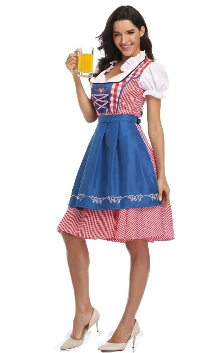 Damen Kariertes Trachtenkleid Dirndl mit Schürze und Bluse