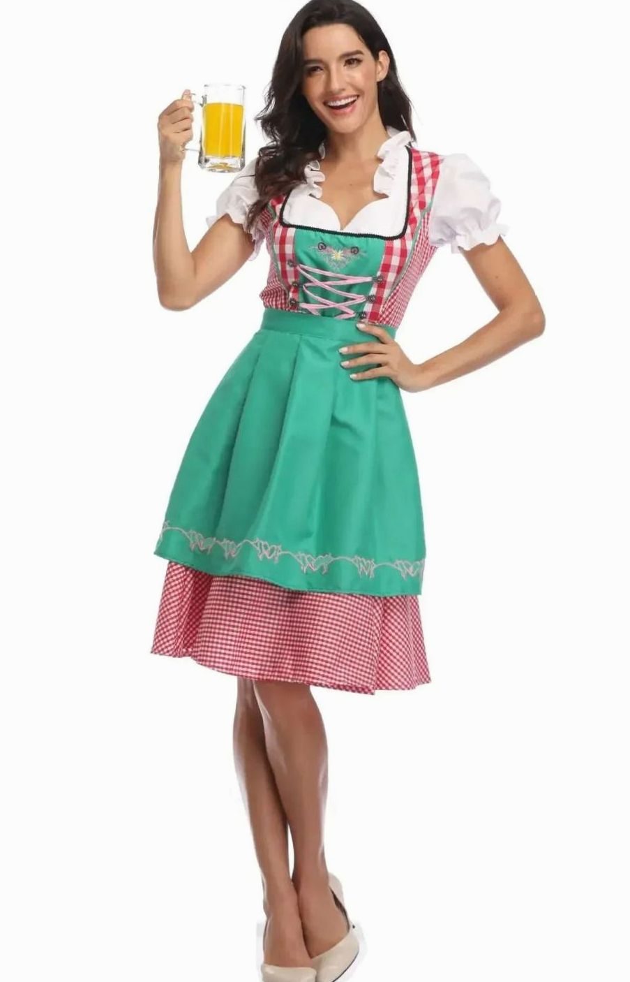 Damen Kariertes Trachtenkleid Dirndl mit Schürze und Bluse - Kariert Rot-Türkis
