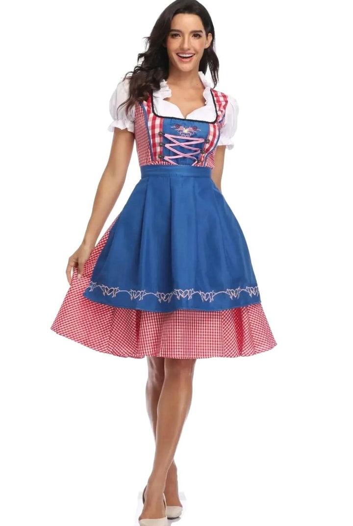 Damen Kariertes Trachtenkleid Dirndl mit Schürze und Bluse - Kariert Rot-Blau
