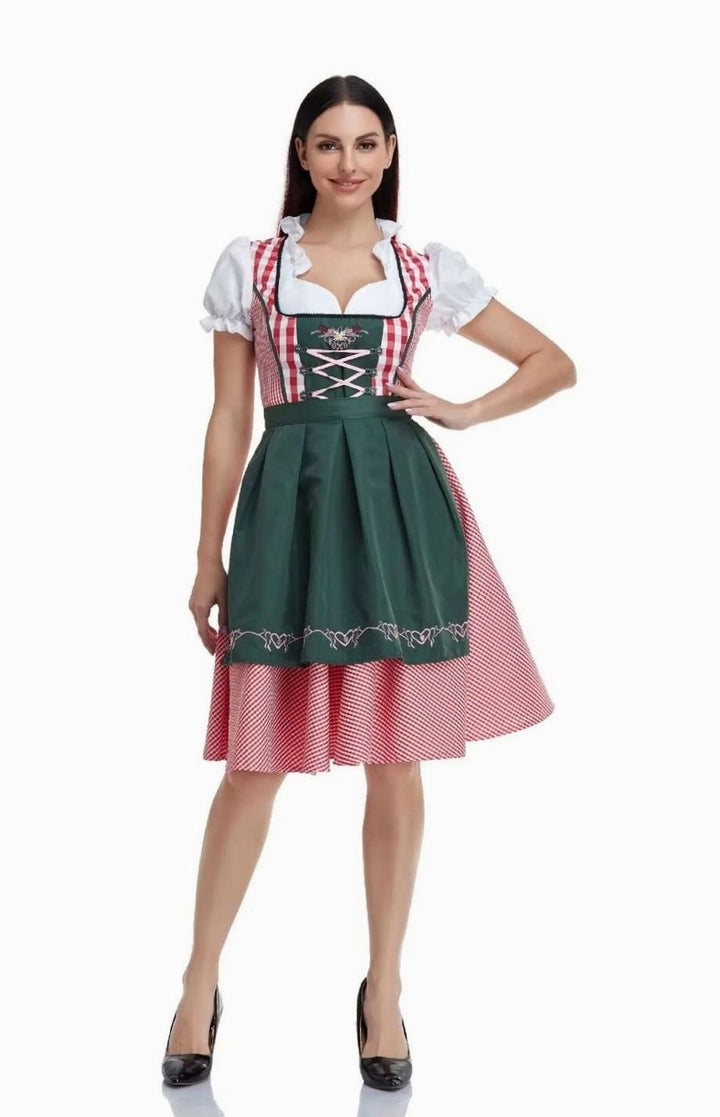 Damen Kariertes Trachtenkleid Dirndl mit Schürze und Bluse - Kariert Rot-Dunkelgrün