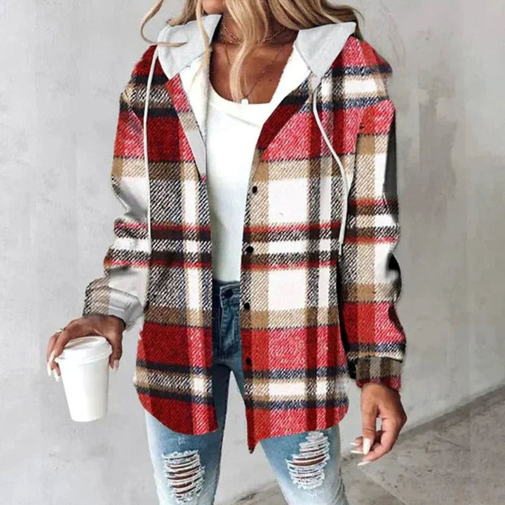 Damen Karo Hoodie Jacke mit Kapuze Lockere Passform Winterjacke - Rot