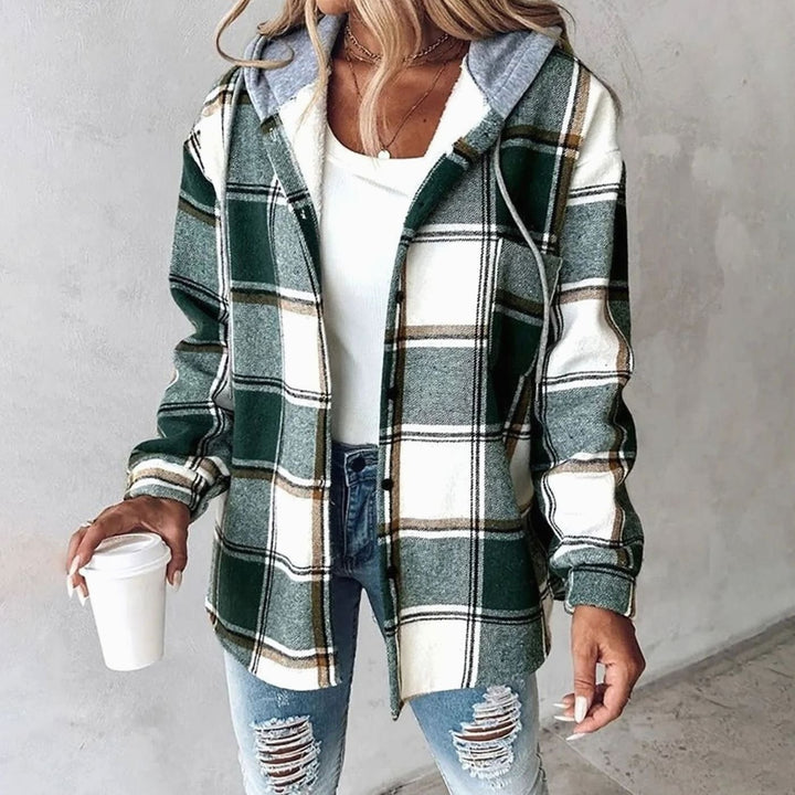 Damen Karo Hoodie Jacke mit Kapuze Lockere Passform Winterjacke - Grün