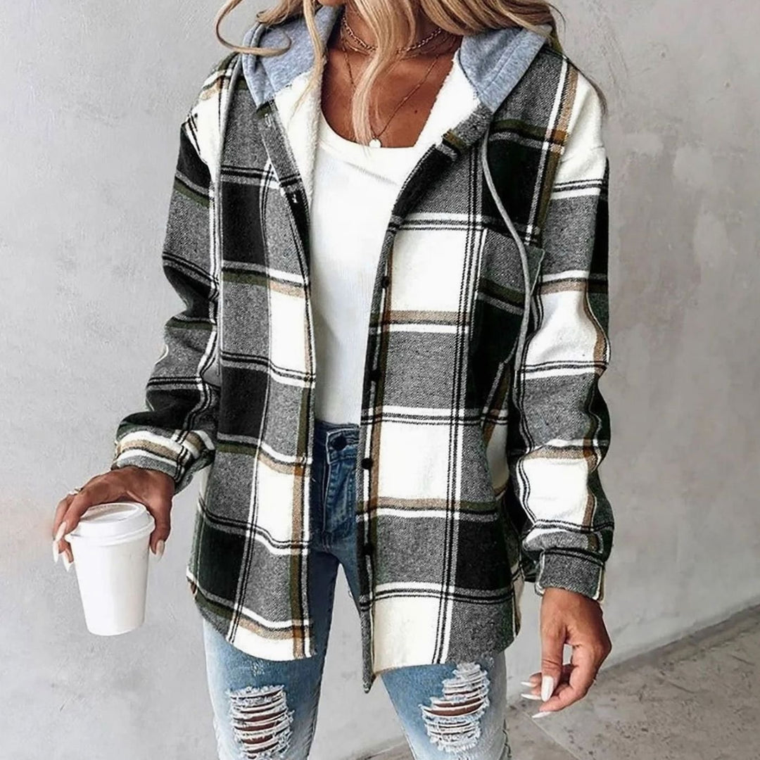 Damen Karo Hoodie Jacke mit Kapuze Lockere Passform Winterjacke - Schwarz