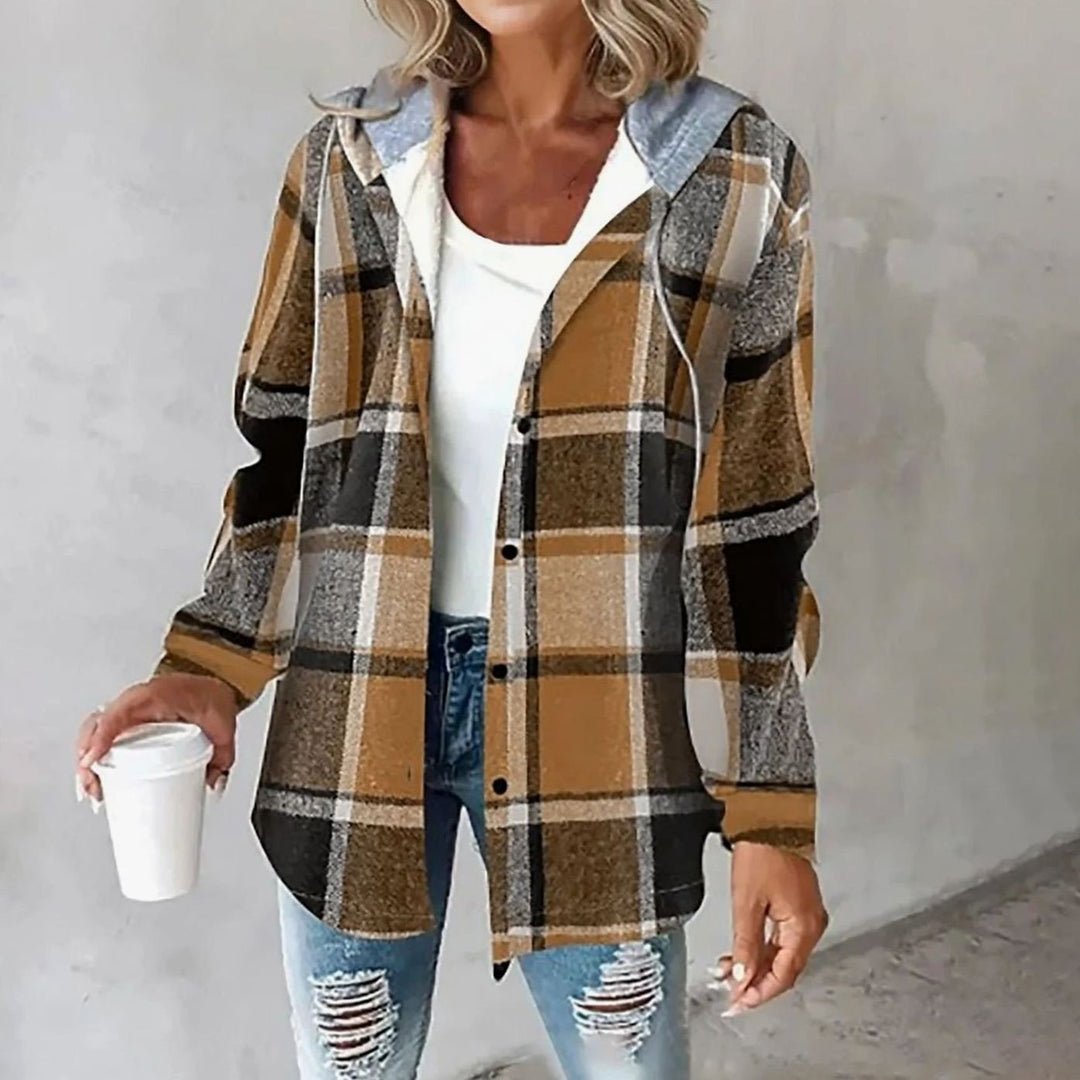 Damen Karo Hoodie Jacke mit Kapuze Lockere Passform Winterjacke - Braun
