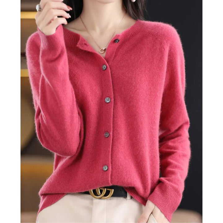 Damen Kaschmir Cardigan Klassischer Strickjacke Knopfleiste - Dunkelrosa