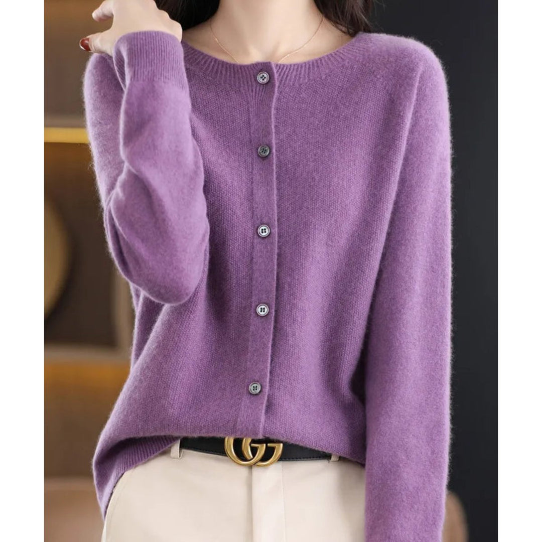 Damen Kaschmir Cardigan Klassischer Strickjacke Knopfleiste - Flieder
