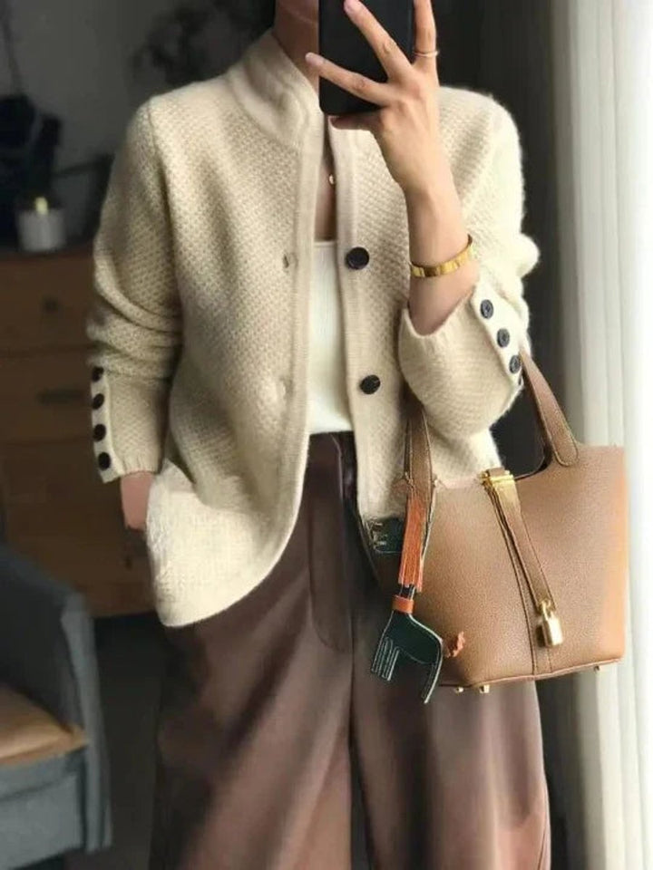 Damen Kaschmirwolle Strickjacke Cardigan mit Knopfleiste - Beige